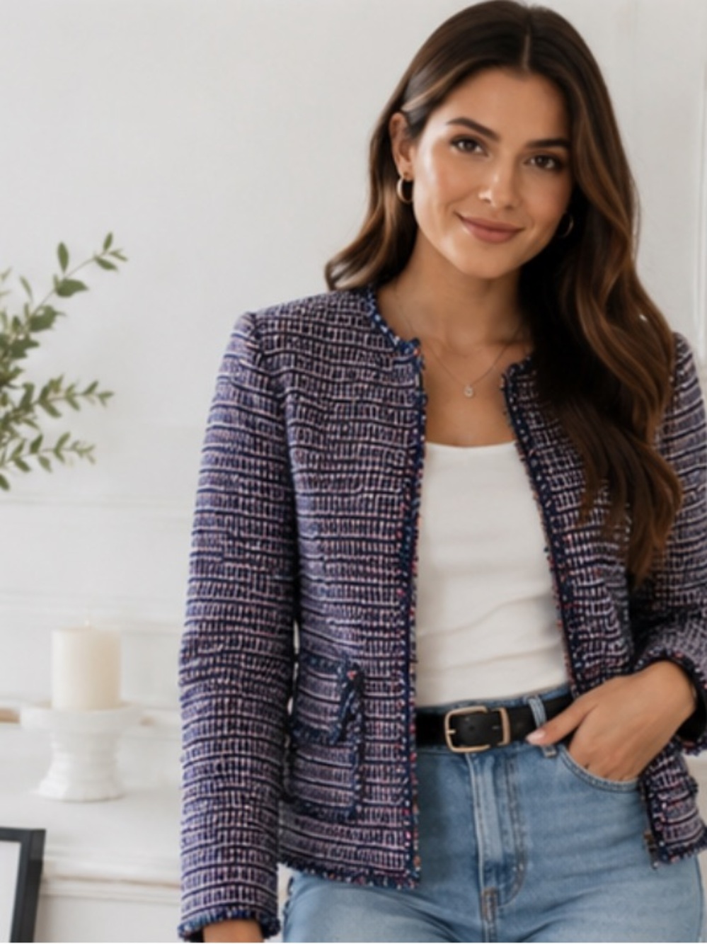 🌺Rebecca Taylor Size 0 Navy & Pink Tweed Zip-Front Jacket Retail $248